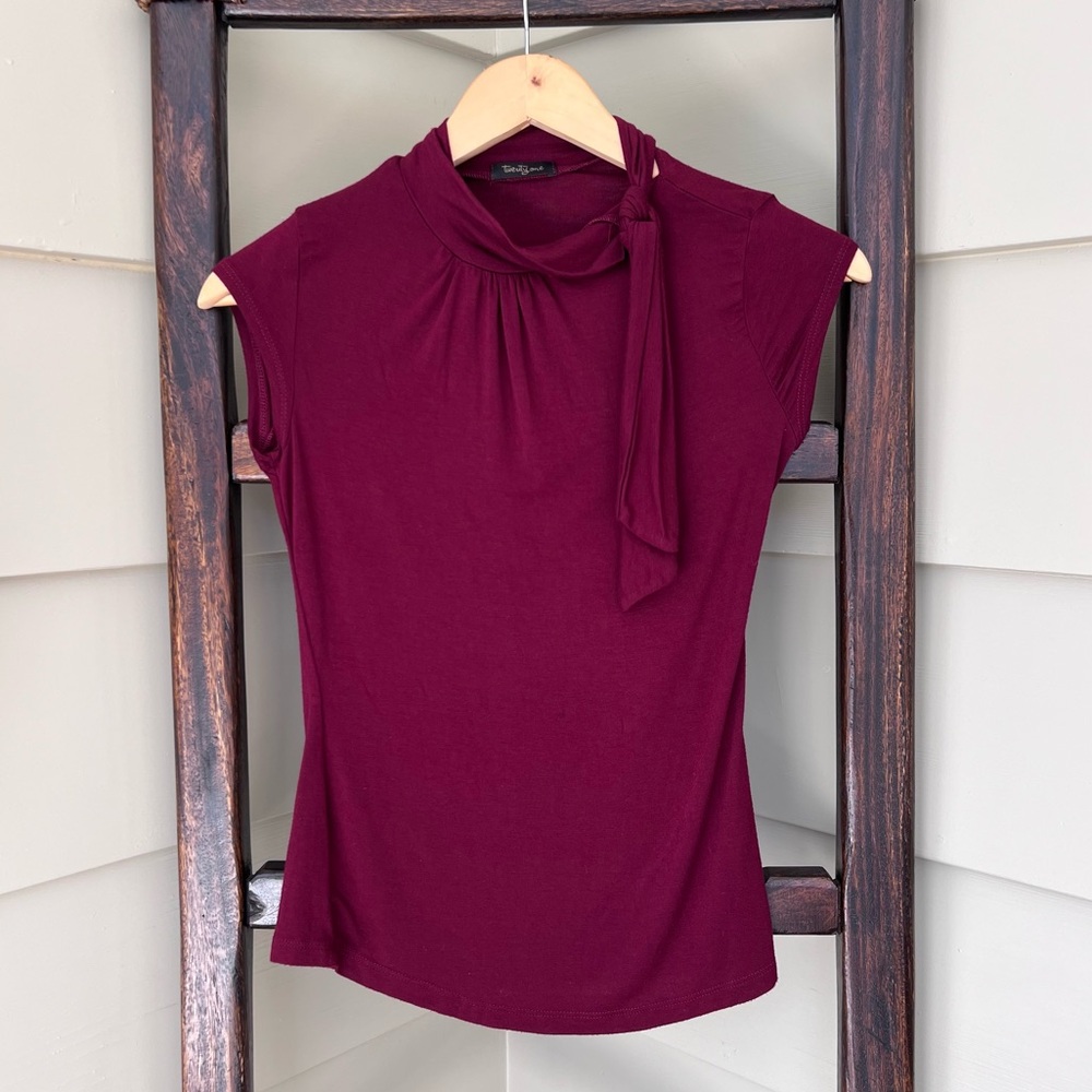 Forever 21 Vintage Mock Neck Tie Bow Burgundy Top Rayon Women’s Size Small Y2K